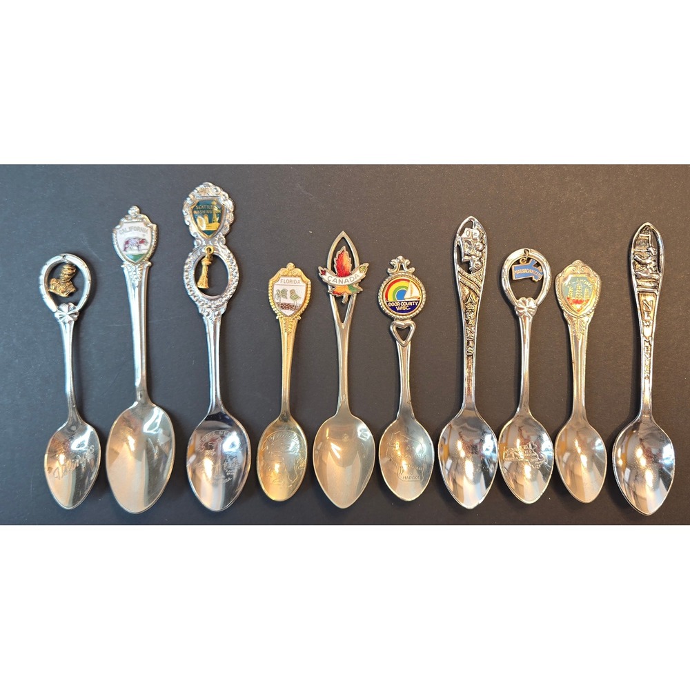 Lot of 10 Vintage Souvenir Collector Spoons California Seattle Florida Canada